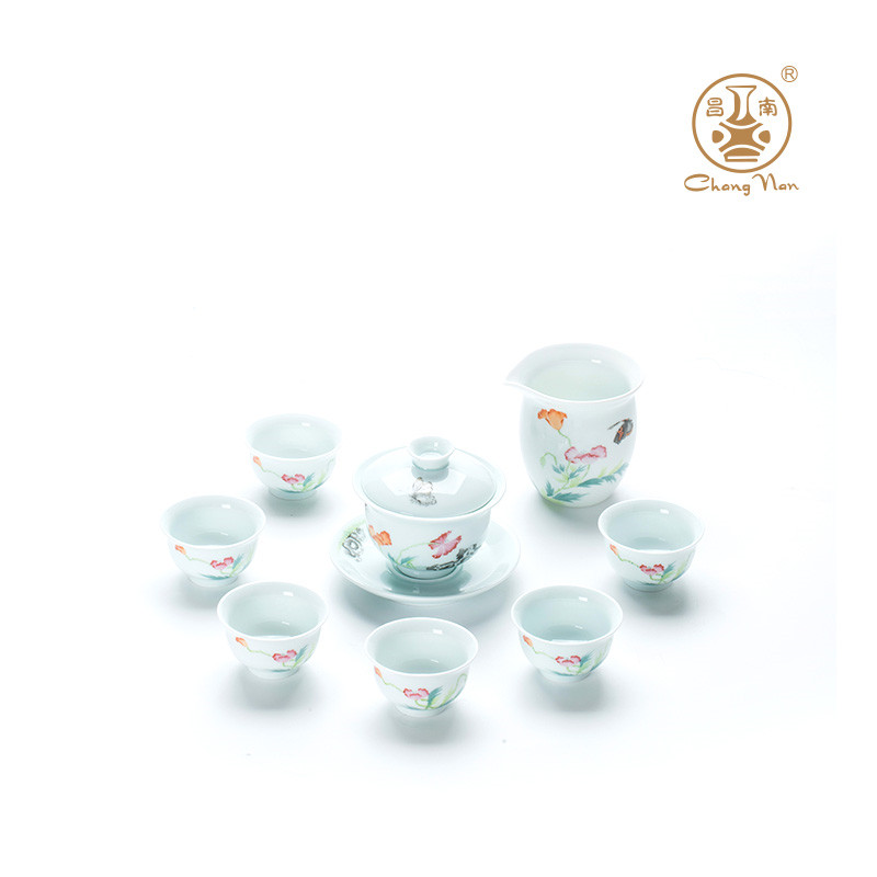 玉瓷手繪“蝶戀花”8頭蓋碗茶具套裝